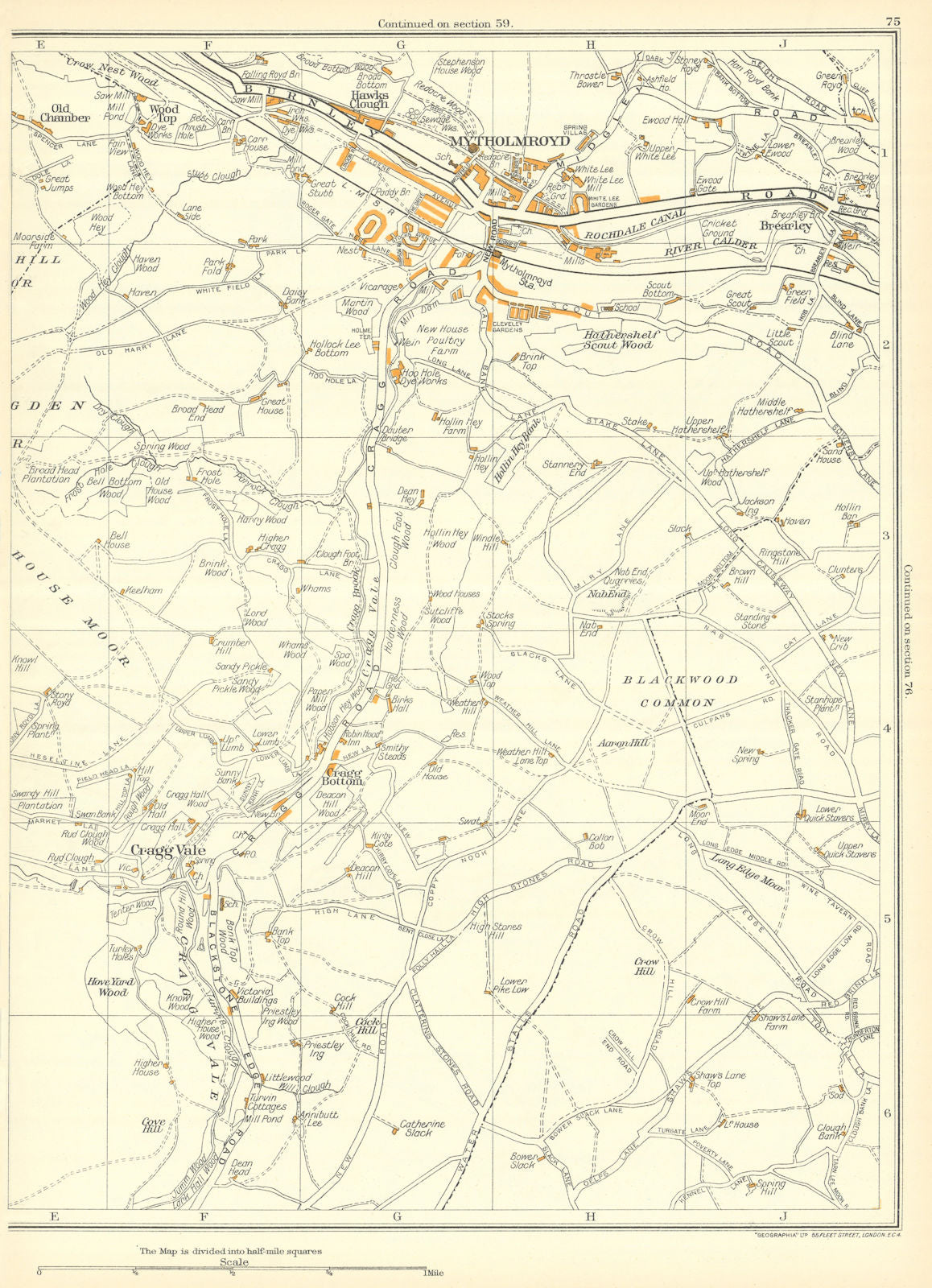 YORKSHIRE Blackwood Crowhill Hove Yard Wood Cragg Vale Mytholmroyd 1935 map